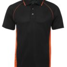 A black polo shirt with orange side panels and orange piping along the shoulders. It has a three-button placket and a classic collar. The shirt is displayed on a white background.