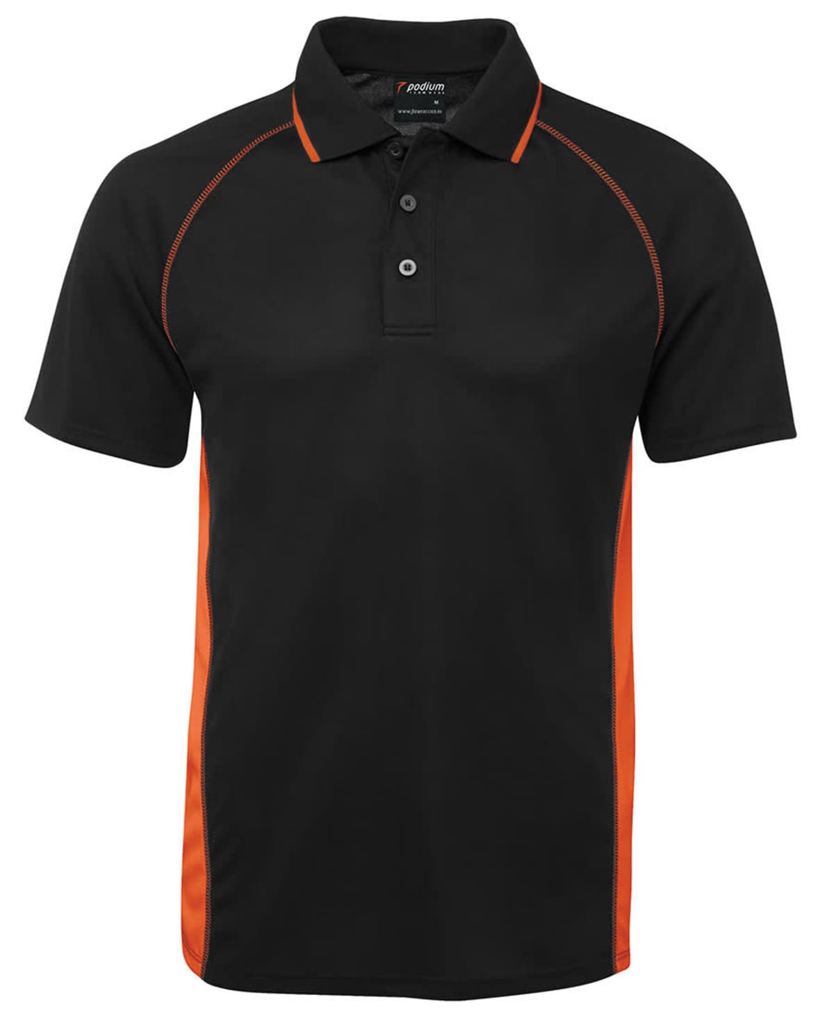A black polo shirt with orange side panels and orange piping along the shoulders. It has a three-button placket and a classic collar. The shirt is displayed on a white background.