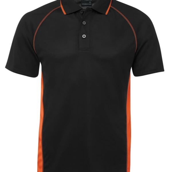 Black polo shirt with orange accents on the sides and sleeves. It features a collar with three black buttons on the placket and short sleeves. The shirt has a sleek design suitable for casual or sporty occasions.
