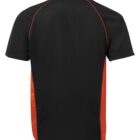 Back view of a black short-sleeve polo shirt featuring orange side panels and orange stitching along the shoulder seams. The shirt has a collar and a straight hem.