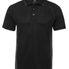 A plain black polo shirt with a three-button placket and a collar. It has short sleeves and a simple, classic design. The fabric appears smooth and slightly shiny, suggesting a comfortable fit.