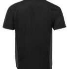 The image shows the back view of a black short-sleeve polo shirt with a folded collar and a smooth texture. The shirt has subtle seam detailing along the sides and sleeves.