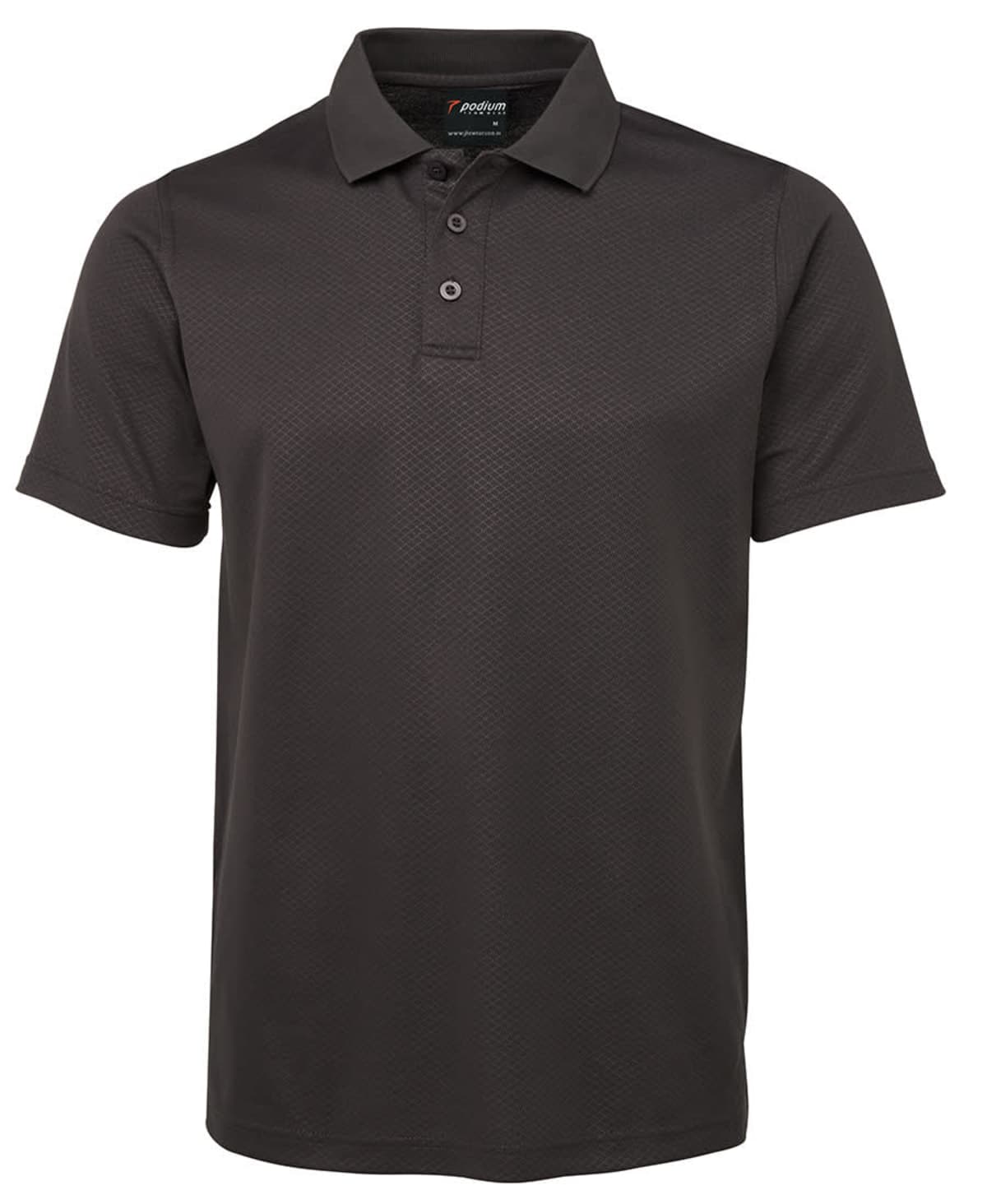 A plain black polo shirt with short sleeves, a collar, and a three-button placket. The fabric appears textured, and the shirt is displayed against a white background.