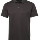A black short-sleeved polo shirt with a collared neckline and three buttons. The fabric has a subtle textured pattern.