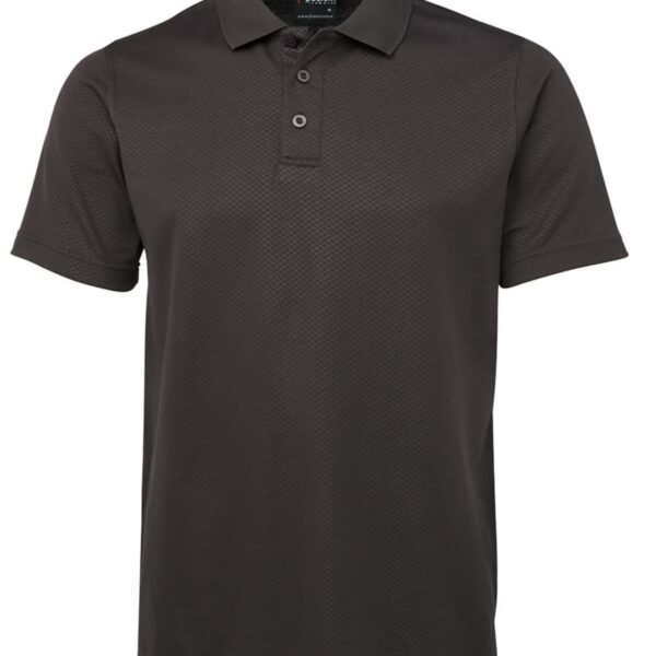 A black short-sleeved polo shirt with a collared neckline and three buttons. The fabric has a subtle textured pattern.