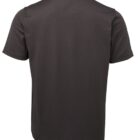Back view of a plain, short-sleeved, dark gray polo shirt with a textured fabric. The shirt has a classic collar and no visible logos or designs.