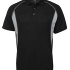Black polo shirt with gray side panels and white stitching. It features a classic collar and three buttons on the placket. The fabric appears smooth and slightly shiny, suitable for casual or semi-formal wear.
