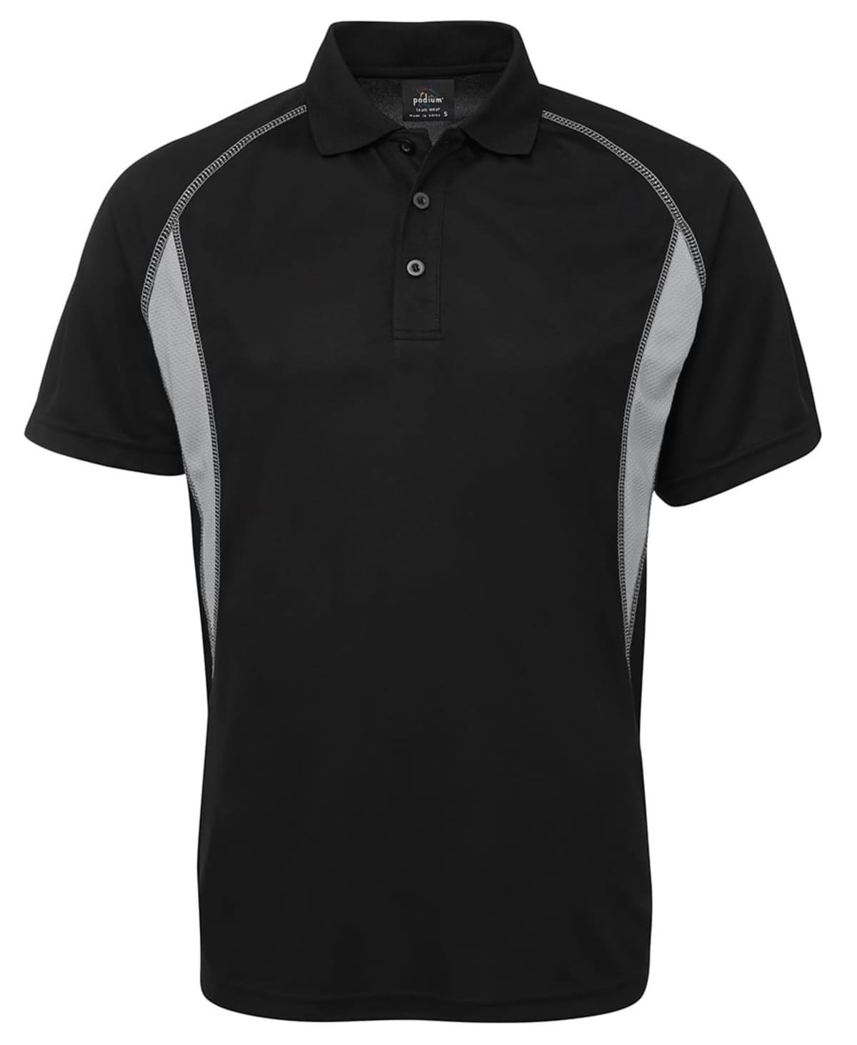 Black polo shirt with gray side panels and white stitching. It features a classic collar and three buttons on the placket. The fabric appears smooth and slightly shiny, suitable for casual or semi-formal wear.