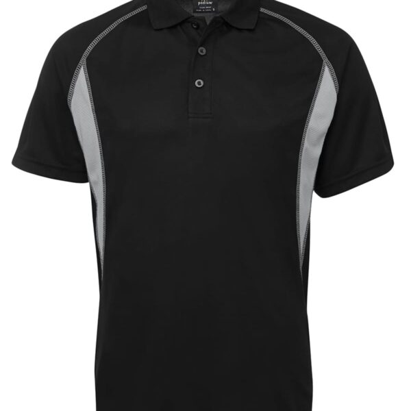 A black polo shirt with three buttons and short sleeves. It features light gray accent panels along the sides and shoulders.