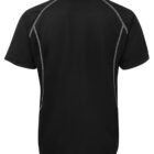 Black short-sleeve polo shirt viewed from the back, featuring white stitching along the shoulders and sides. The shirt has a classic collar and a relaxed fit.
