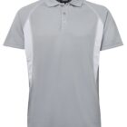 Gray polo shirt with short sleeves, featuring white mesh panels on the sides. It has a classic collar and a two-button placket.