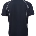 The image shows the back view of a black short-sleeve polo shirt with white seam accents. The shirt has a classic collar and a slightly fitted shape.