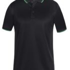 A black polo shirt with a two-button placket and short sleeves. It features subtle green accents along the collar and sleeve edges. The fabric has a slight textured pattern.