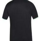 Back view of a black short-sleeve polo shirt with a subtle green trim on the collar and sleeve edges. The shirt has a simple and classic design.