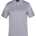 Gray polo shirt with short sleeves, featuring a classic collar and three-button placket. The collar and sleeve edges have light blue detailing. The fabric has a subtle textured pattern.