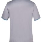 Back view of a plain gray polo shirt with short sleeves and a collar. The shirt features subtle texture and has light blue trim along the collar and sleeve edges.