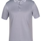 A plain gray polo shirt with short sleeves and a collar. It features a three-button placket in the front.
