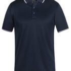 A dark navy blue polo shirt with short sleeves and a collar. It features a three-button placket and white trim on the collar and sleeve edges. The shirt is displayed against a white background.