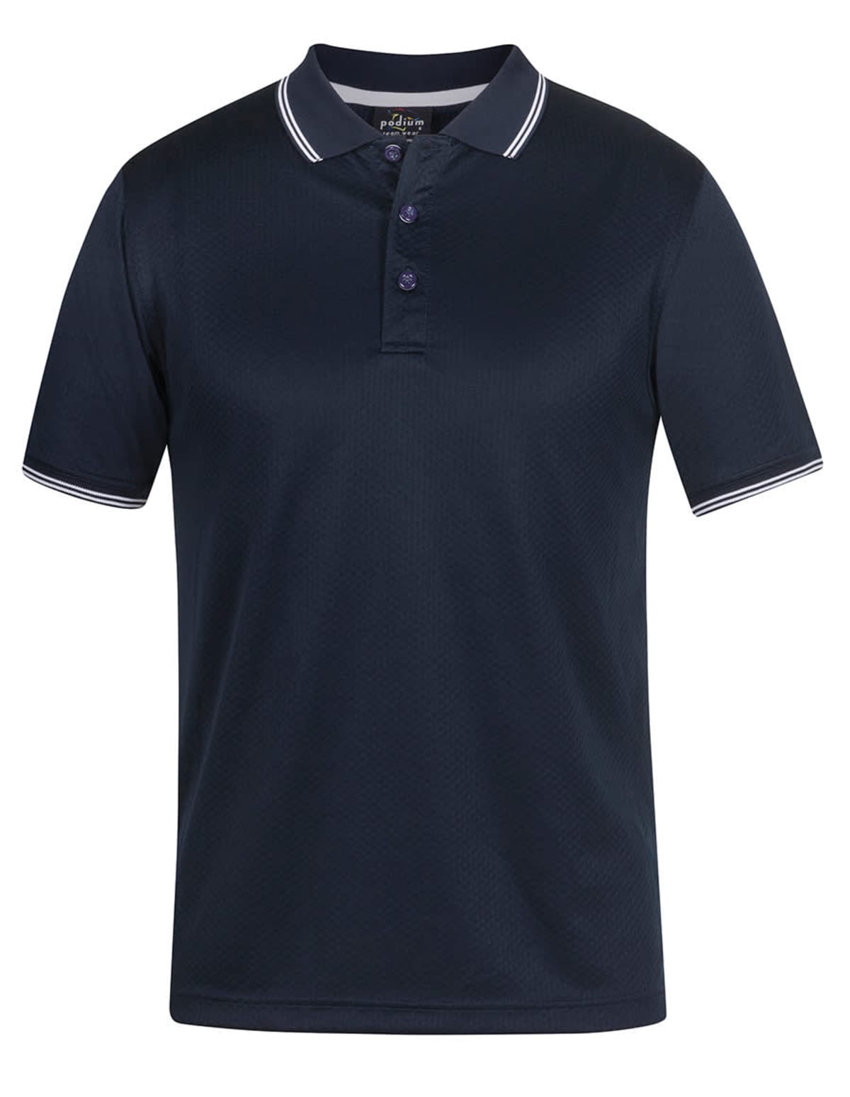 A dark navy blue polo shirt with short sleeves and a collar. It features a three-button placket and white trim on the collar and sleeve edges. The shirt is displayed against a white background.