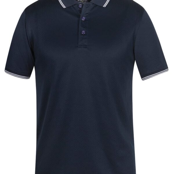 A navy blue polo shirt with white trim on the collar and sleeves. It features short sleeves, a three-button placket, and a plain design.