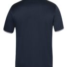 Back view of a plain black polo shirt with white trim on the collar and sleeves.