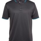 A black collared polo shirt with a subtle textured pattern. It features blue and white trim on the collar and sleeve cuffs, and a three-button placket.