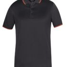 Black polo shirt with a dark collar and three-button placket. It features subtle red piping along the edges of the sleeves and collar. The fabric has a slight sheen, giving it a sleek, modern appearance.