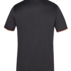 A black short-sleeve polo shirt with red accents on the collar and cuffs, shown from the back against a white background.