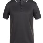 A plain black polo shirt with a three-button placket and white stripes on the collar and sleeve cuffs. The fabric has a subtle textured pattern.