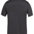 A black polo shirt with short sleeves and a collar, displayed from the back. The shirt has subtle white stripes along the edges of the collar and sleeve cuffs. The fabric appears plain and smooth.