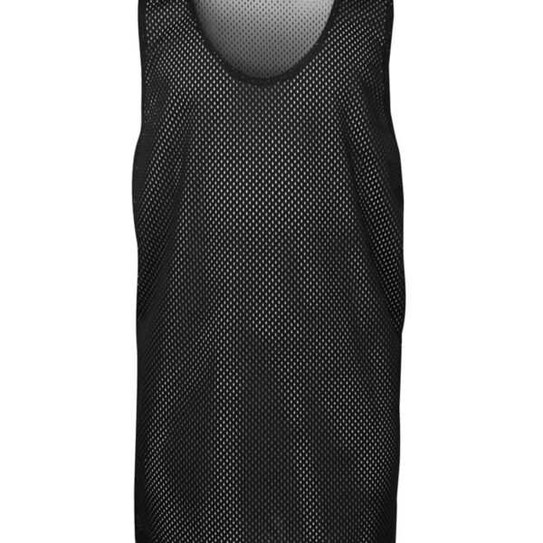 A black mesh sports jersey with a simple, sleeveless design. The fabric is lightweight and features a pattern of small, evenly spaced holes for breathability. The neckline and armholes are slightly rounded.