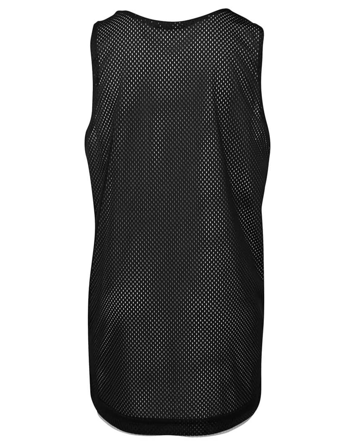 Black mesh sports jersey displayed from the back, featuring numerous small perforations throughout the fabric for breathability. The design is sleeveless with a rounded neckline.