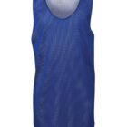 A blue mesh sports jersey with a scoop neckline is displayed against a plain white background. The jersey features a breathable, perforated design suitable for athletic activities.