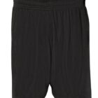 A pair of black athletic shorts made from breathable mesh fabric. The shorts have an elastic waistband and are designed for sports or casual wear.