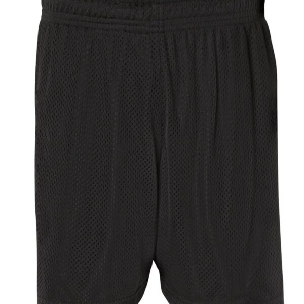 A pair of black athletic shorts made from breathable mesh fabric. The shorts have an elastic waistband and are designed for sports or casual wear.