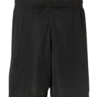Black athletic mesh shorts with an elastic waistband. The fabric is breathable and lightweight, suitable for physical activities. The shorts are displayed against a plain white background.