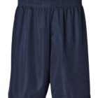 Navy blue basketball shorts with an elastic waistband and mesh fabric, hanging against a white background.