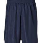 A pair of dark blue athletic shorts made from a breathable, mesh fabric. They have an elastic waistband and are displayed against a plain white background.