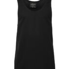 A plain black sleeveless tank top displayed on a white background.
