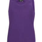 A sleeveless purple tank top with a round neckline, displayed against a white background. The top has a small black tag on the inside of the back collar with the brand name.