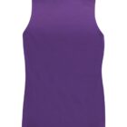 A purple sleeveless athletic tank top is displayed on a plain white background. The top is shown from the back, highlighting its simple and clean design.