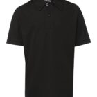 Black short-sleeved polo shirt with a collar and three-button placket. The shirt has a plain design with no visible logos or patterns.