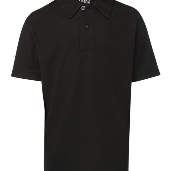 Black short-sleeved polo shirt with a collar and three-button placket. The shirt has a plain design with no visible logos or patterns.