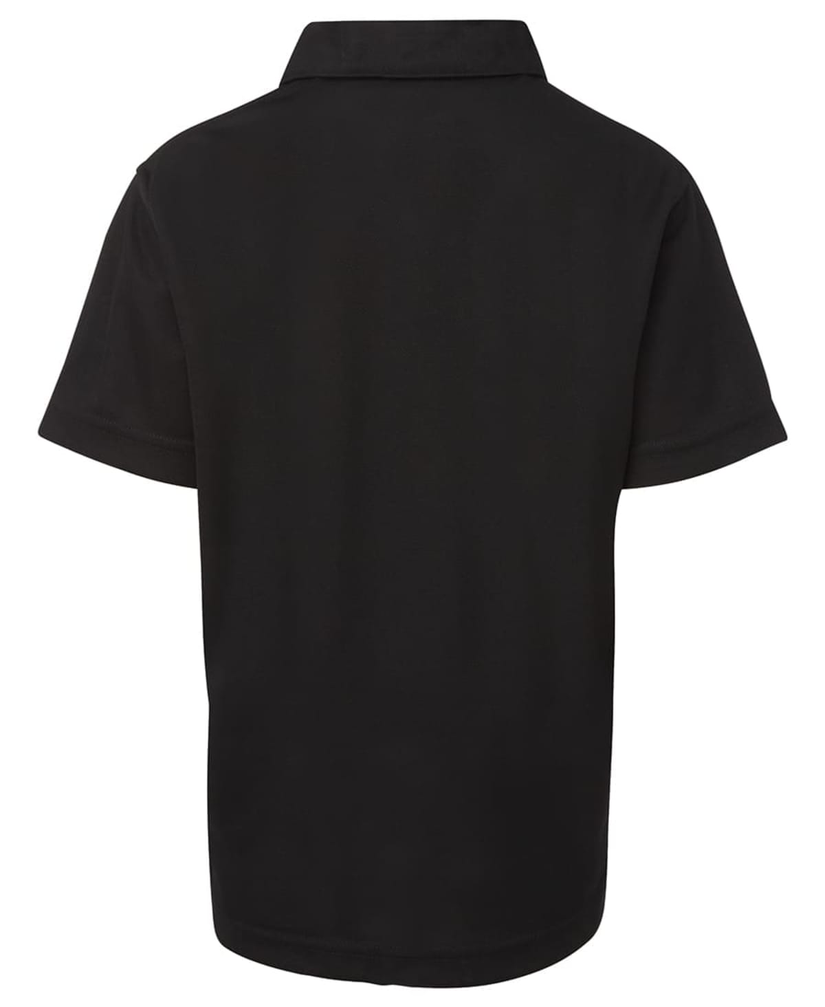 Black short-sleeve polo shirt shown from the back, featuring a classic collar and a simple, plain design. The fabric appears smooth and the shirt is neatly pressed.