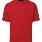 A red short-sleeved polo shirt with a collar and three-button placket, displayed on a plain white background.