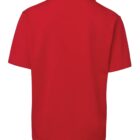A plain red polo shirt with short sleeves and a collar, viewed from the back.