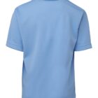 A light blue short-sleeve polo shirt is displayed from the back, featuring a classic collar and a simple design. The fabric appears soft and slightly textured. The shirt is wrinkle-free and presented against a white background.