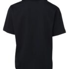 Back view of a plain black short-sleeve polo shirt with a collar.