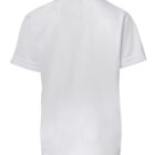 A plain white short-sleeve polo shirt is shown from the back. It features a simple collar and no visible logos or designs.