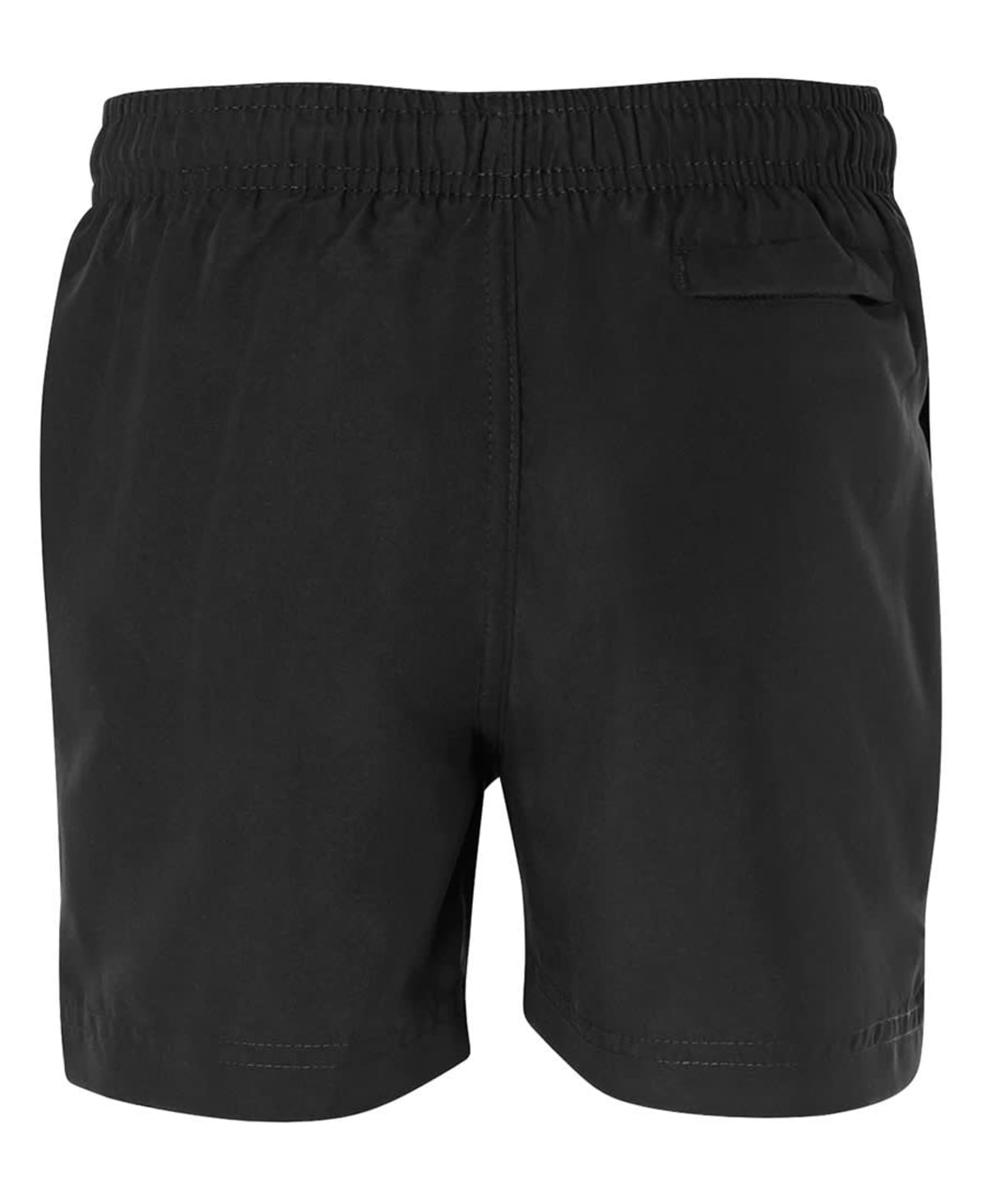 Black athletic shorts with an elastic waistband, featuring a pocket on the back right side. Simple design with a smooth texture, suitable for sports or casual wear.